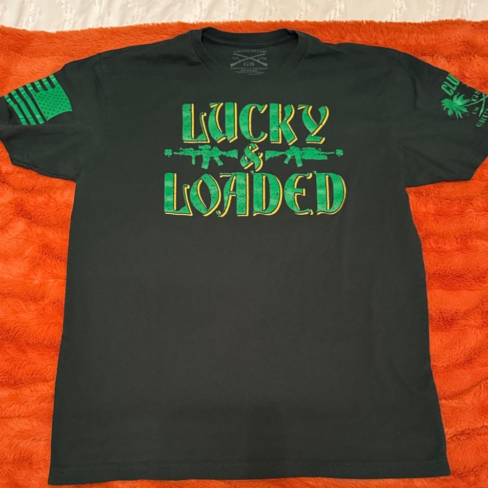 Grunt Style Black T-Shirt with Green and Yellow 'Lucky & Loaded' Graphic